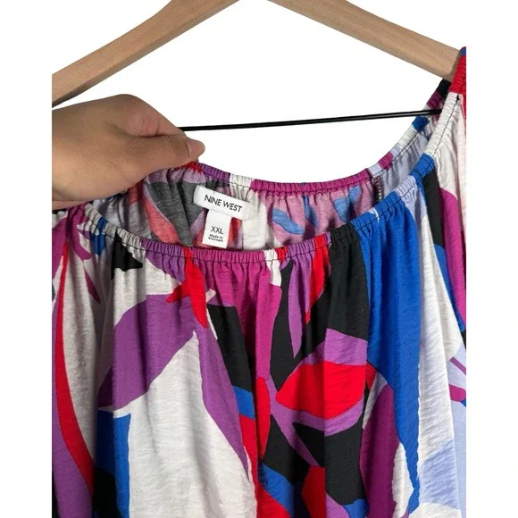 Nine West Womens XXL Abstract Print Off The Shoulder Balloon Sleeve Blouse Pink - Picture 4 of 5